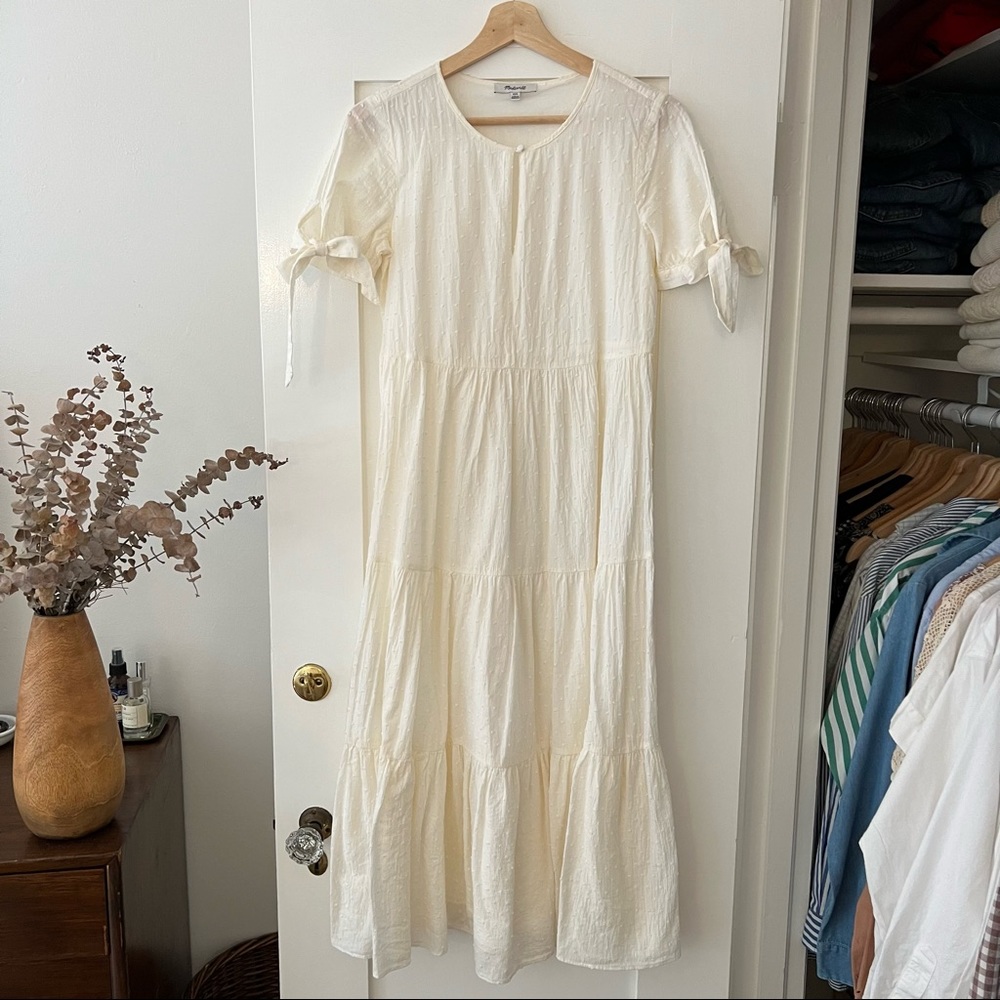 Madewell Tie-Sleeve Tiered Midi Dress in White Swiss Dot sz XXS